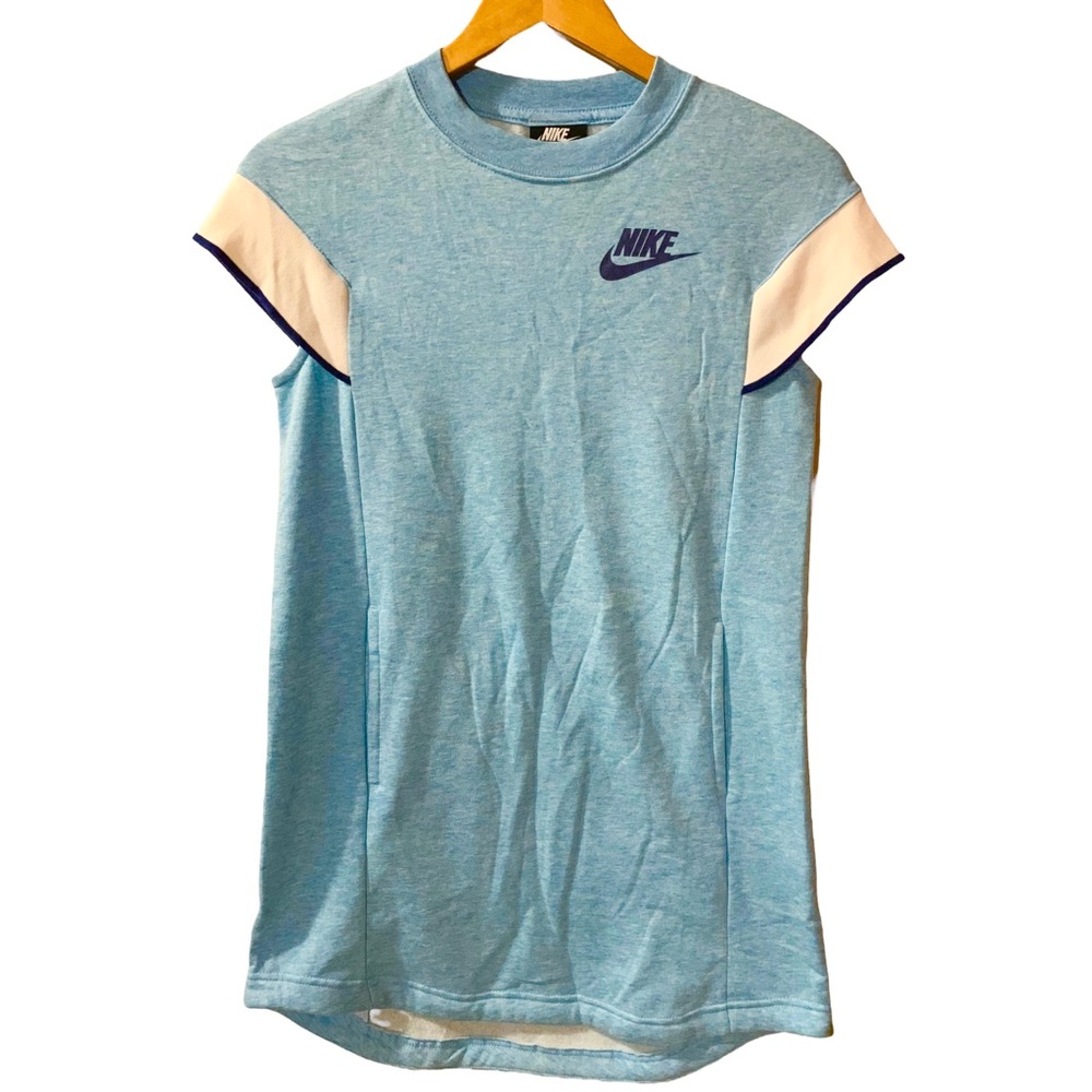 Nike Girls L Athletic Dress Kangaroo Pocket Fleece Cotton Blend Blue Cap Sleeve